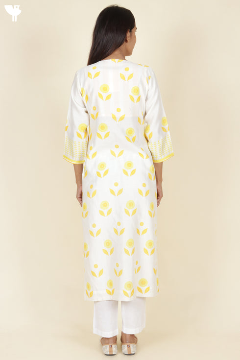Chanderi Silk Kurta With Dupatta In Golden Yellow Floral Block Print