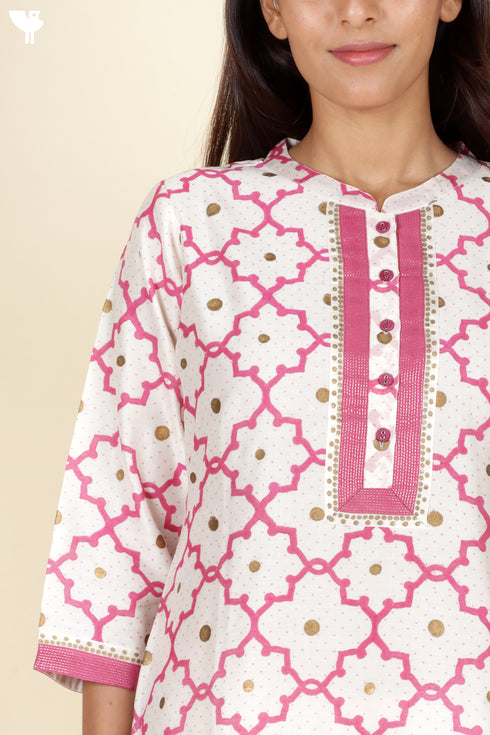 Chanderi Silk Kurta With Dupatta in GoldBlock Print