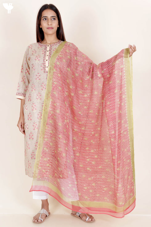 Terry Voile Kurta With Kota Dupatta In Floral Block Print