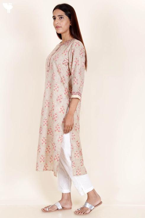 Terry Voile Kurta With Kota Dupatta In Floral Block Print