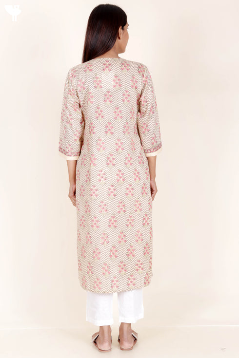 Terry Voile Kurta With Kota Dupatta In Floral Block Print