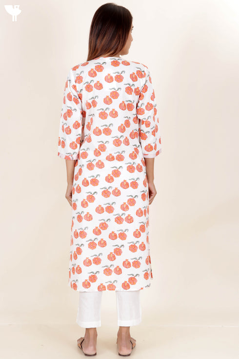 Cambric Cotton Kurta With Kota Dupatta In Floral Block Print