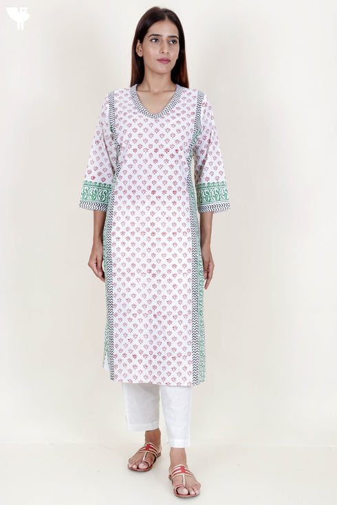 Cambric Cotton Kurta With Kota Dupatta In Floral Block Print