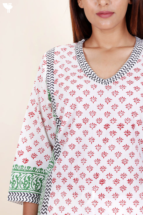 Cambric Cotton Kurta With Kota Dupatta In Floral Block Print