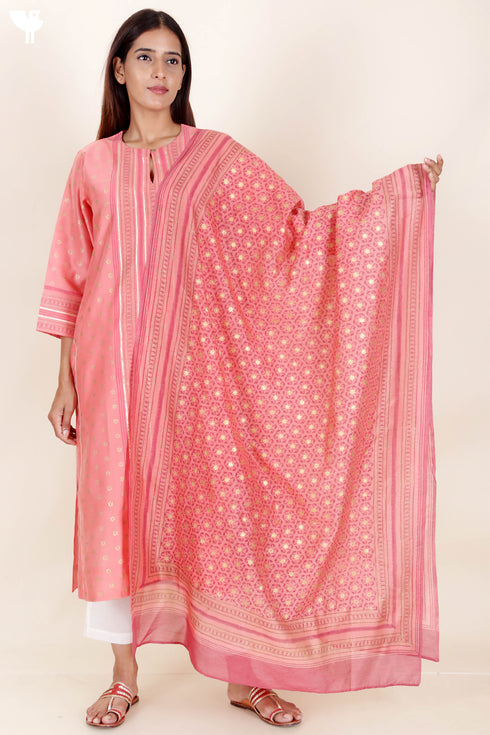 Chanderi Silk Kurta Dupatta Set With Gold Block Print