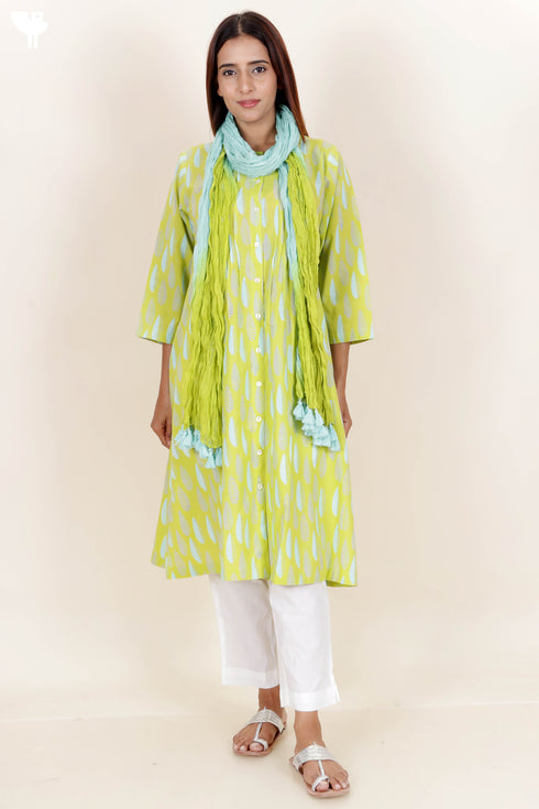 Cambric Cotton Kurta And Kota Doria Dupatta Set In Block Print