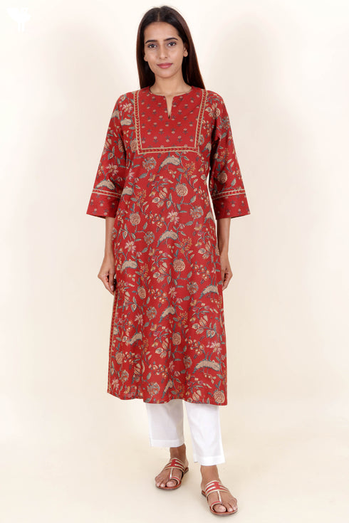 Cambric Cotton Kurta And Mulmul Dupatta With Block Print