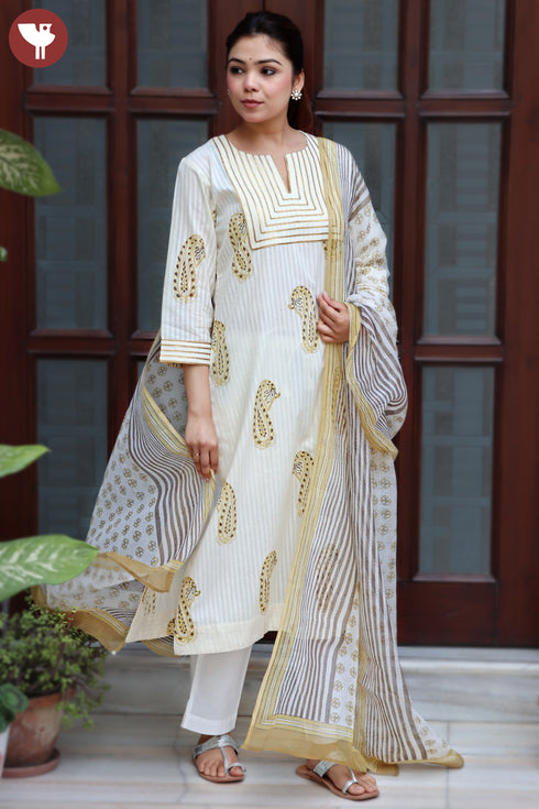 Bengal Cotton Cream Kurta and Dupatta Set In Block Print