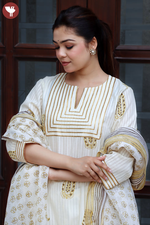 Bengal Cotton Cream Kurta and Dupatta Set In Block Print