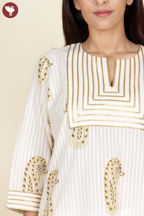 Bengal Cotton Cream Kurta and Dupatta Set In Block Print