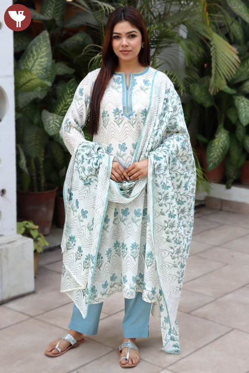 Chanderi Silk Kurta Dupatta Set In Floral Block Print