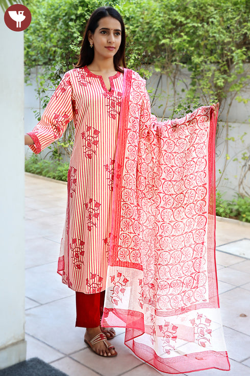 Terry Voile Kurta Dupatta Set In Striped Floral Block Print
