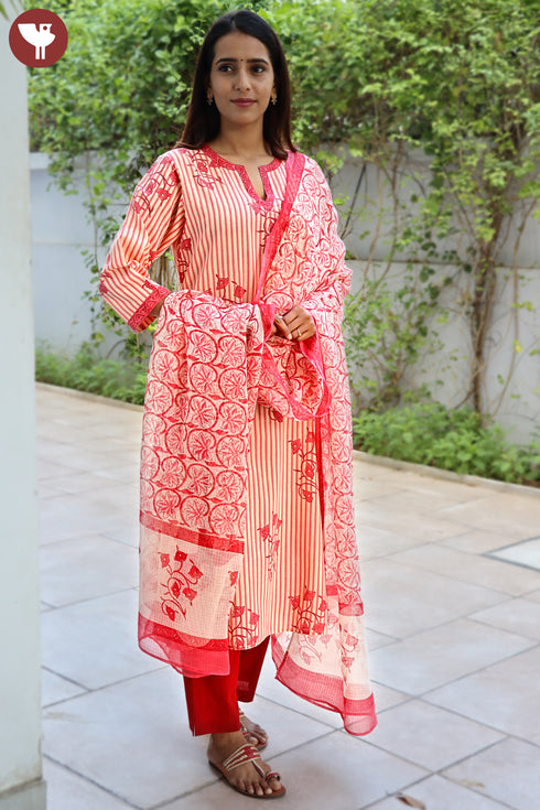 Terry Voile Kurta Dupatta Set In Striped Floral Block Print