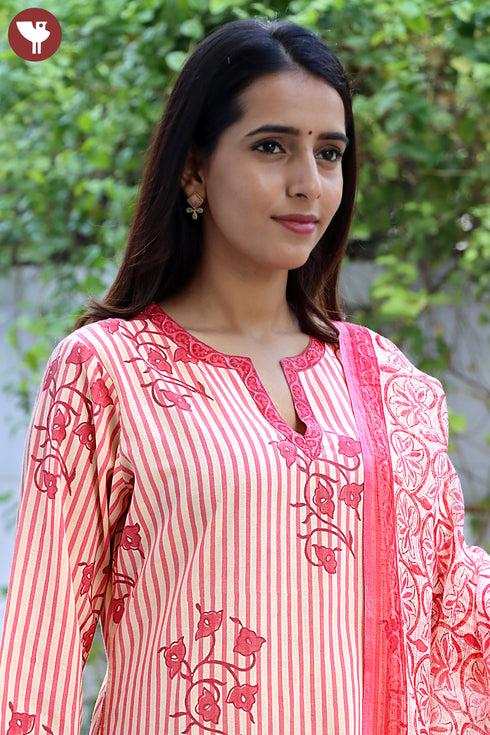 Terry Voile Kurta Dupatta Set In Striped Floral Block Print