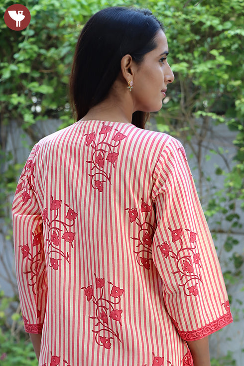 Terry Voile Kurta Dupatta Set In Striped Floral Block Print