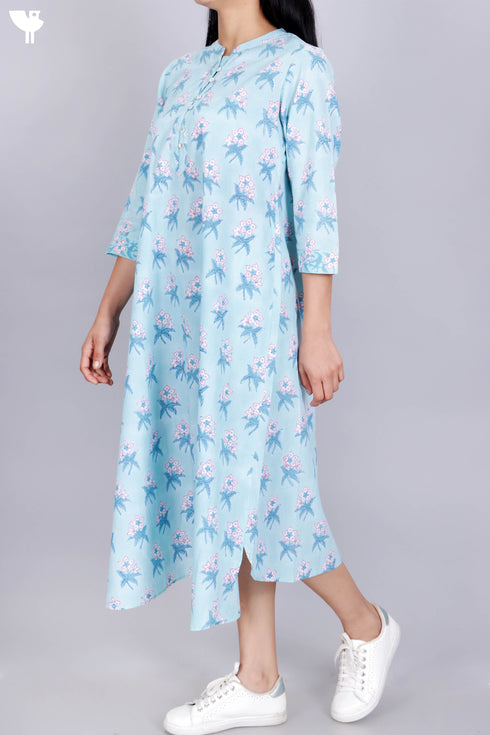 Cambric Cotton Dress In Floral Block Print