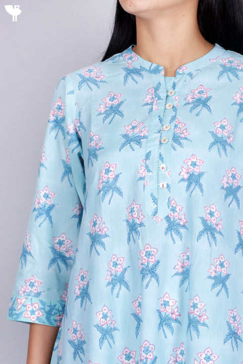 Cambric Cotton Dress In Floral Block Print