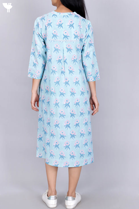 Cambric Cotton Dress In Floral Block Print