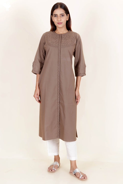 Cotton Pintucked Kurta In Brown