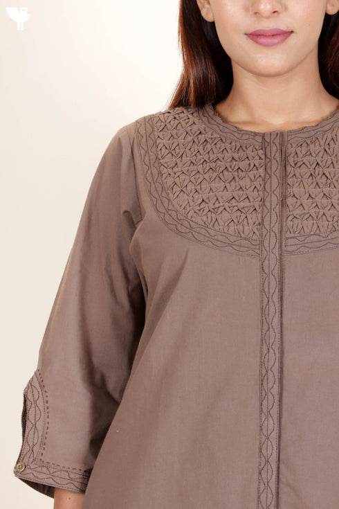 Cotton Pintucked Kurta In Brown