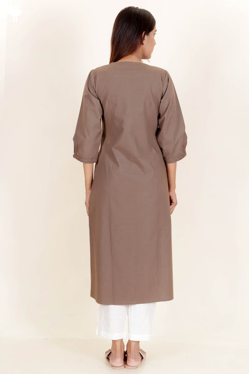 Cotton Pintucked Kurta In Brown