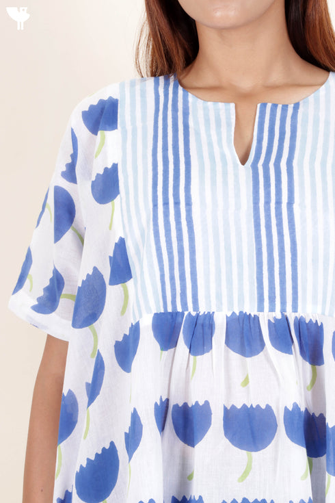 Mulmul Cotton Top In Floral Block Print