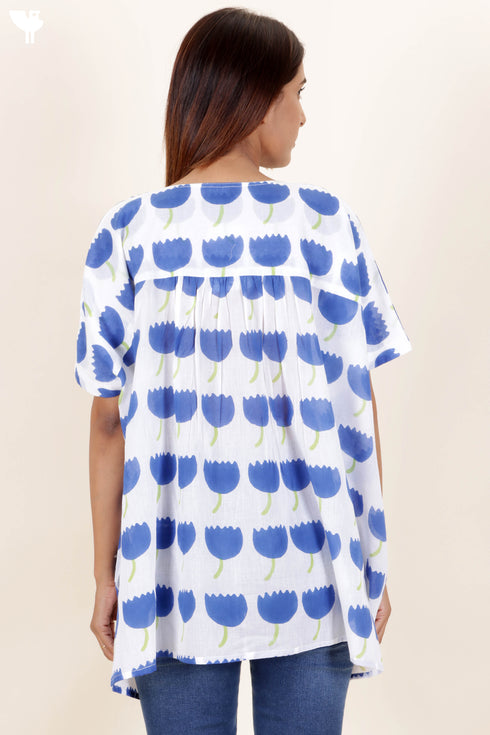 Mulmul Cotton Top In Floral Block Print