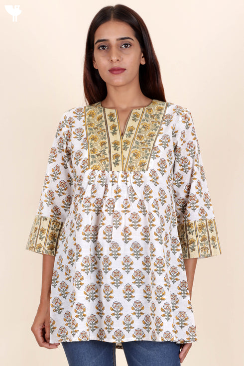 Slub Cotton Top In Floral Block Print