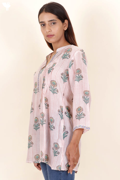 Modal Silk Top In Floral Block Print