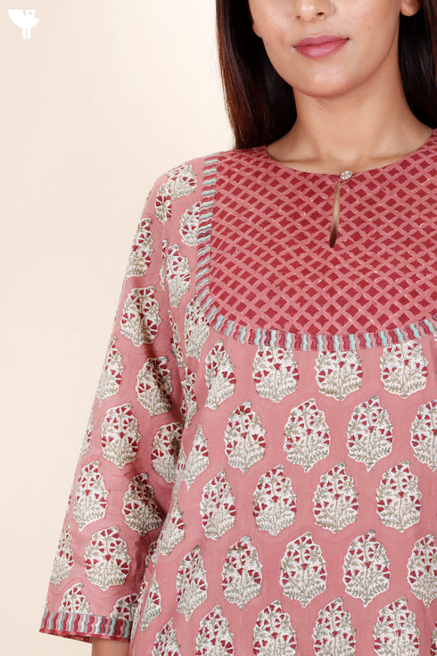 Cambric Cotton Kurta In Floral Block Print