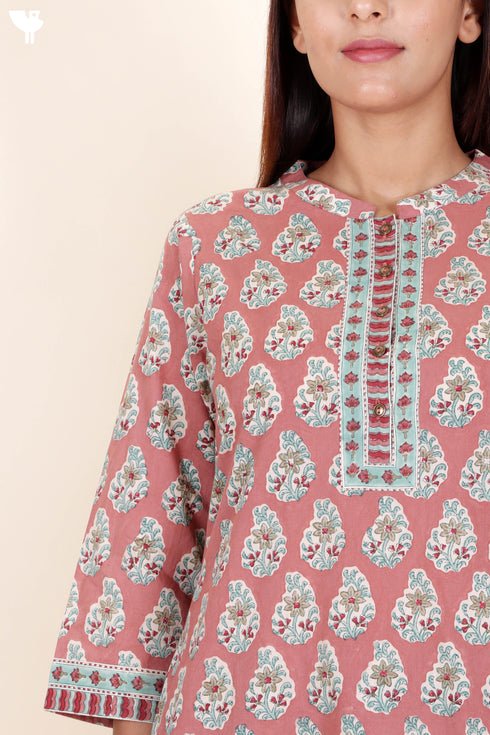 Cambric Cotton Kurta In Floral Block Print