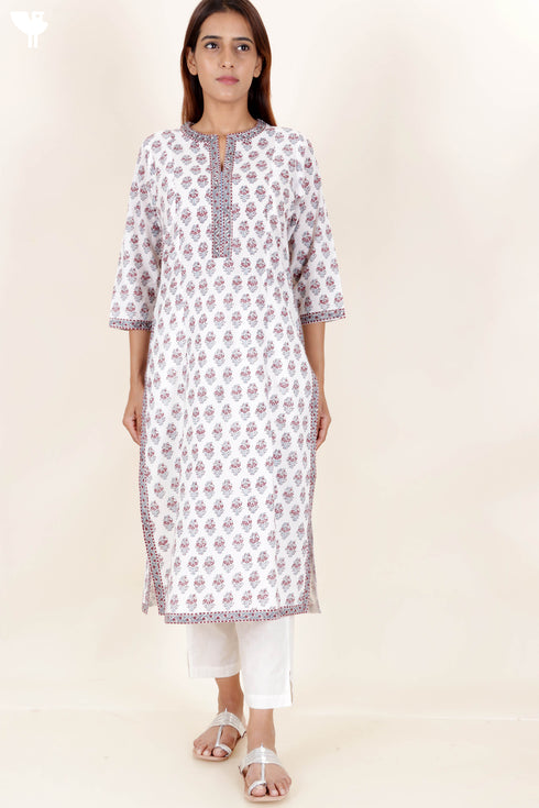 Cambric Cotton Kurta In Floral Block Print