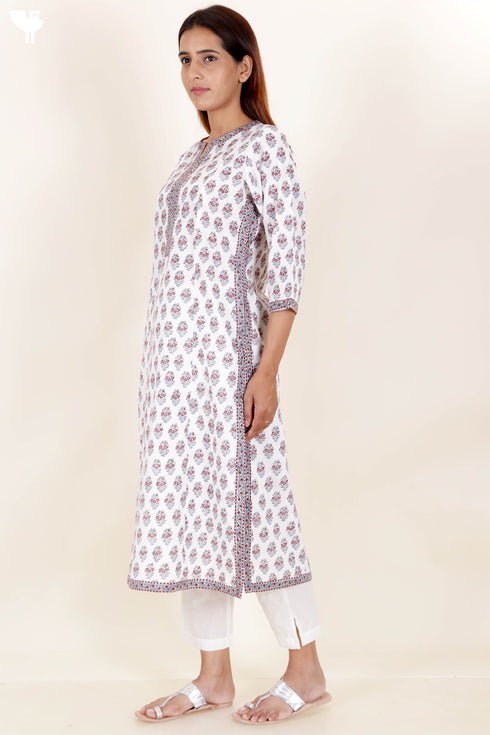 Cambric Cotton Kurta In Floral Block Print