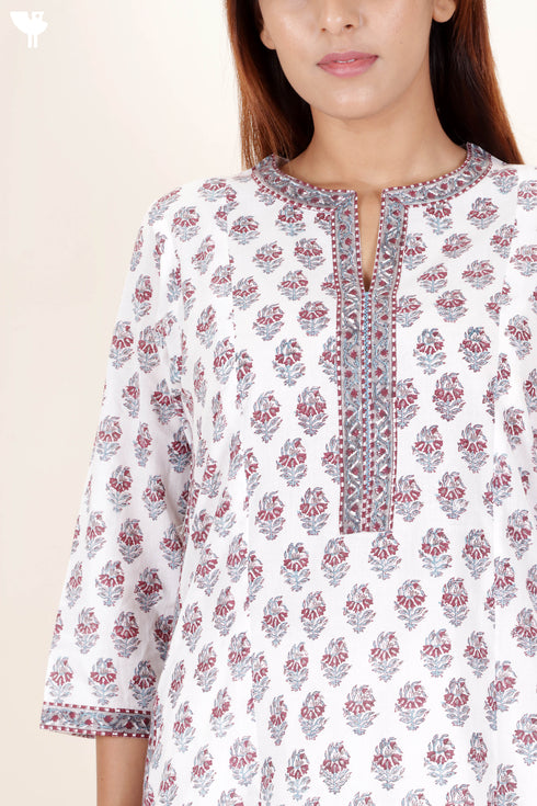 Cambric Cotton Kurta In Floral Block Print
