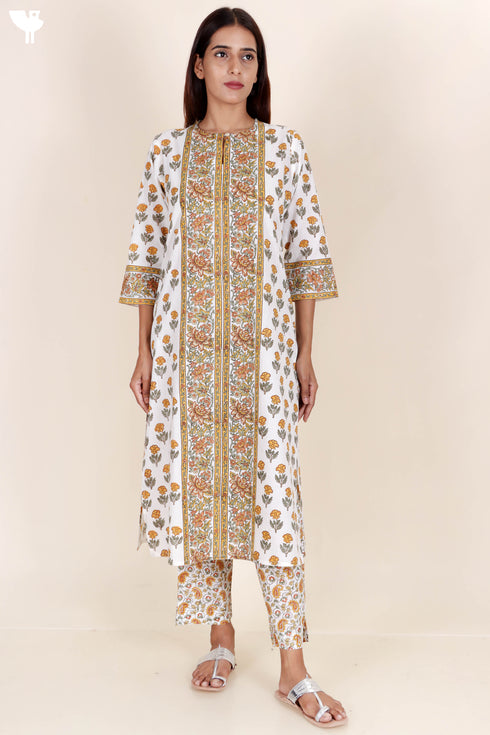 Cambric Cotton Kurta In Floral Block Print