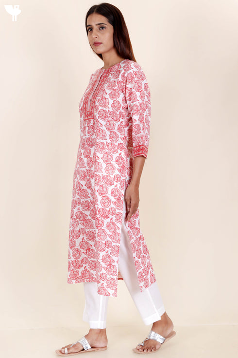 Cambric Cotton Kurta In Floral Block Print