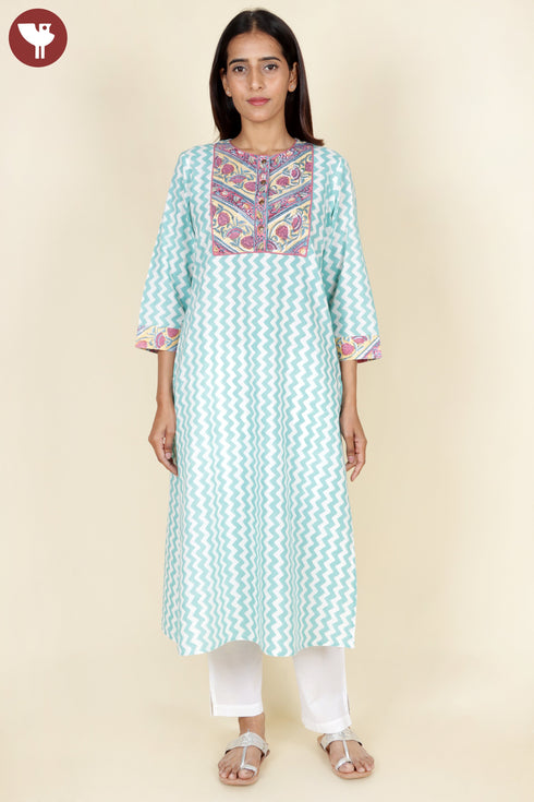 Cambric Cotton Kurta In Zigzag Block Print