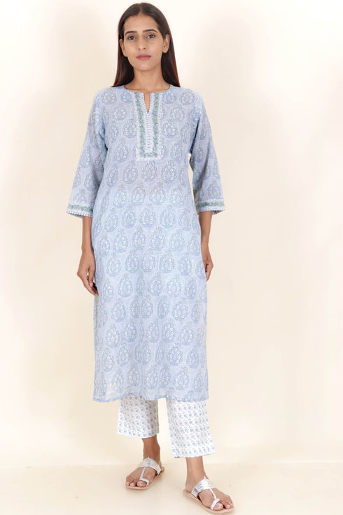 Mulmul Cotton Kurta In Floral Block Print