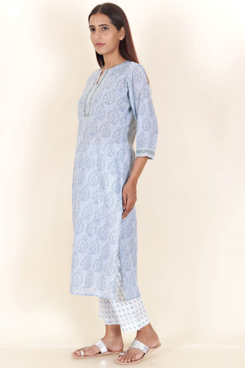 Mulmul Cotton Kurta In Floral Block Print
