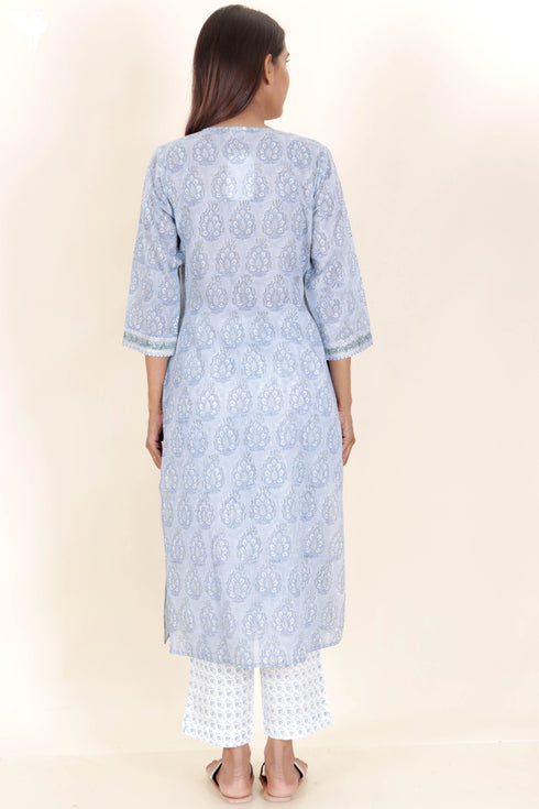 Mulmul Cotton Kurta In Floral Block Print
