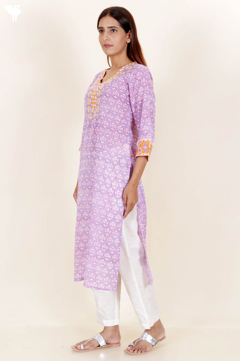 Mulmul Cotton Kurta In Floral Block Print