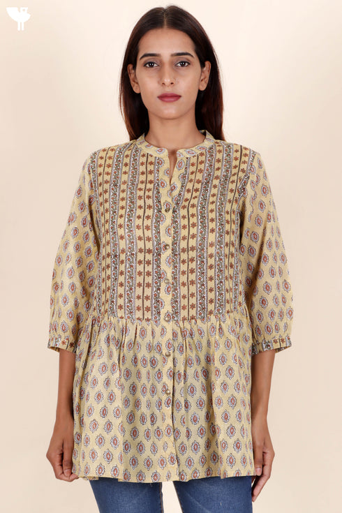 Mulmul Cotton Pleated Shirt In Floral Block Print