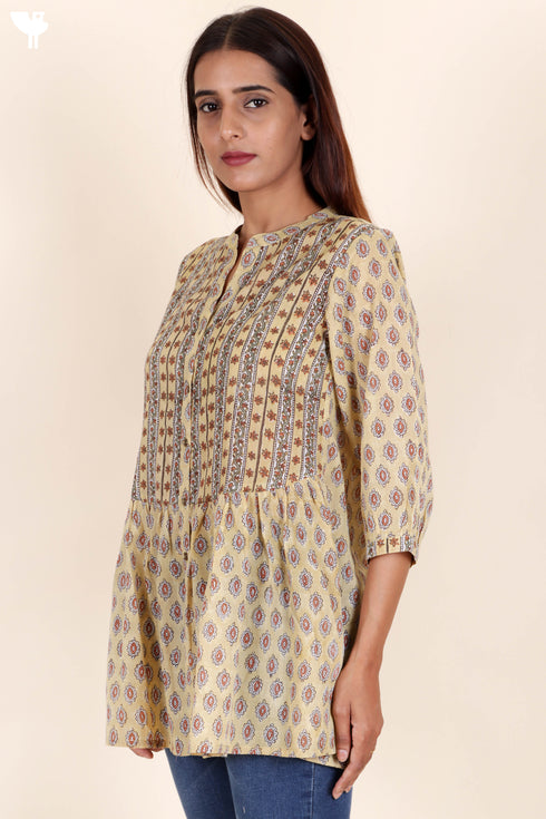 Mulmul Cotton Pleated Shirt In Floral Block Print