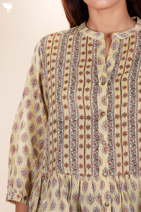 Mulmul Cotton Pleated Shirt In Floral Block Print