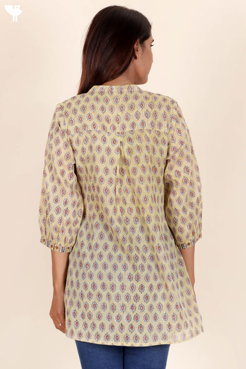 Mulmul Cotton Pleated Shirt In Floral Block Print