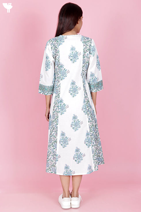 Cambric Cotton Dress In Floral Block Print