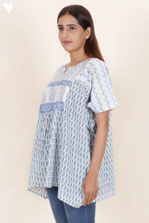 Cambric Cotton Poncho Top In Block Print