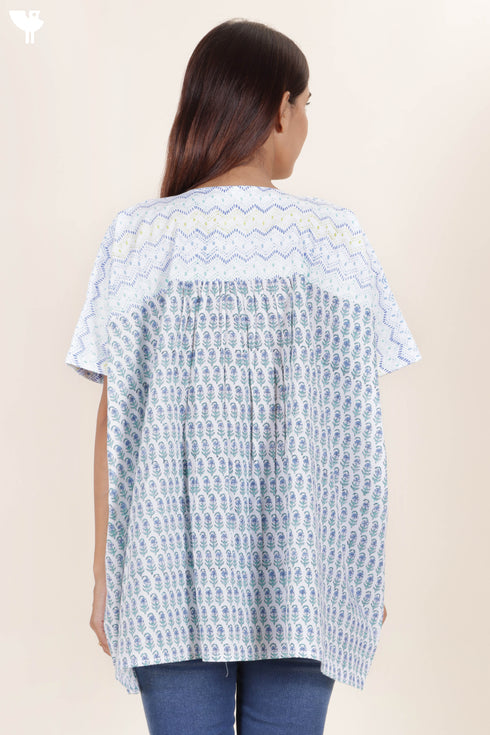 Cambric Cotton Poncho Top In Block Print
