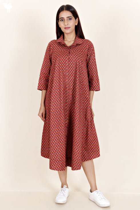 Cambric Cotton Midi Dress In Block Print