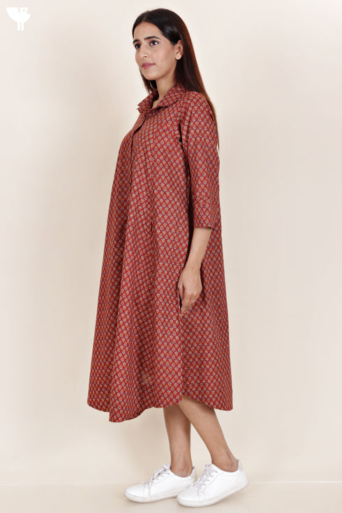 Cambric Cotton Midi Dress In Block Print